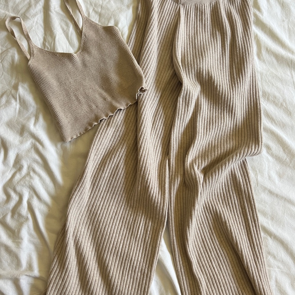 Ribbed Tan Knit Set - Women Pants & Jumpsuits
